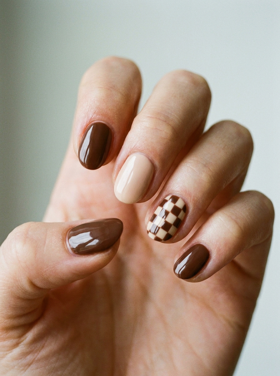 Brown Checkerboard Accent Nails als Nailart Herbst Ideen Inspiration 2026